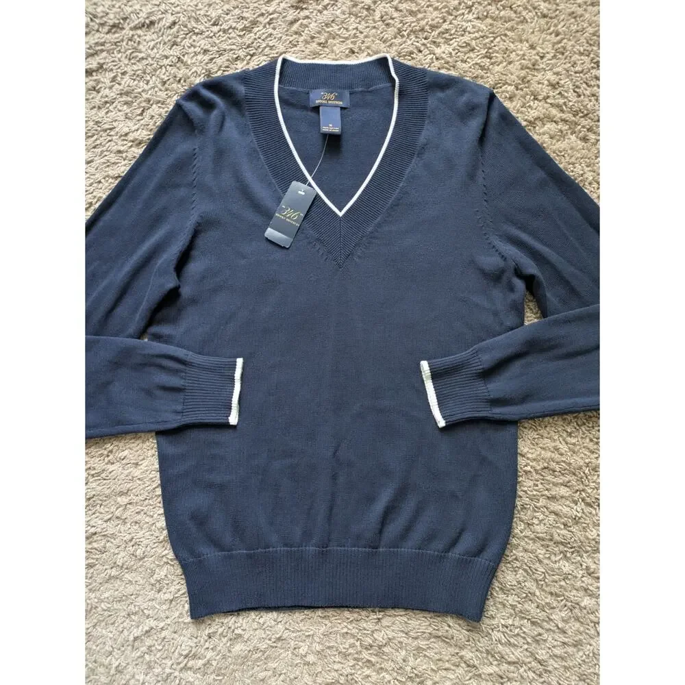 NWT Brooks Brothers 346 V-Neck Sweater Women M Navy  Cotton Heritage Tennis Twee